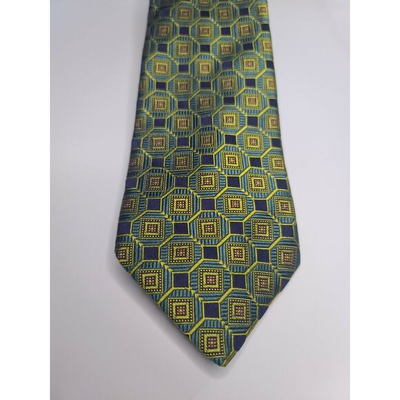IKE BEHAR New York - 100% Silk - Blue Green Geometric Neck Tie - Picture 2 of 3
